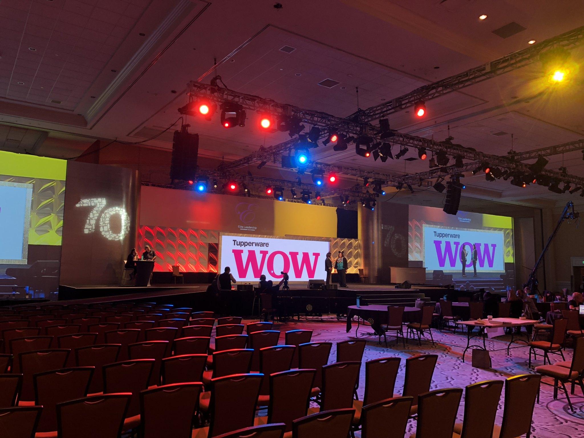 LED and AV rig set in a ballroom before doors