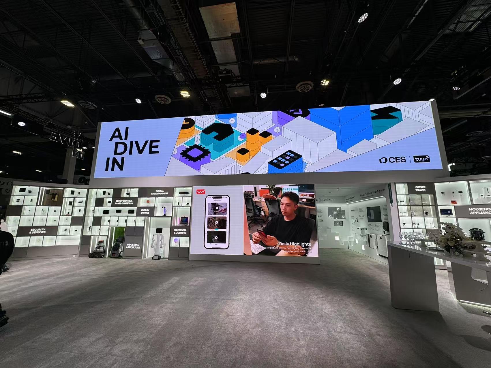 An LED video wall built from tiles, the gear that makes up the biggest line on a rental quote