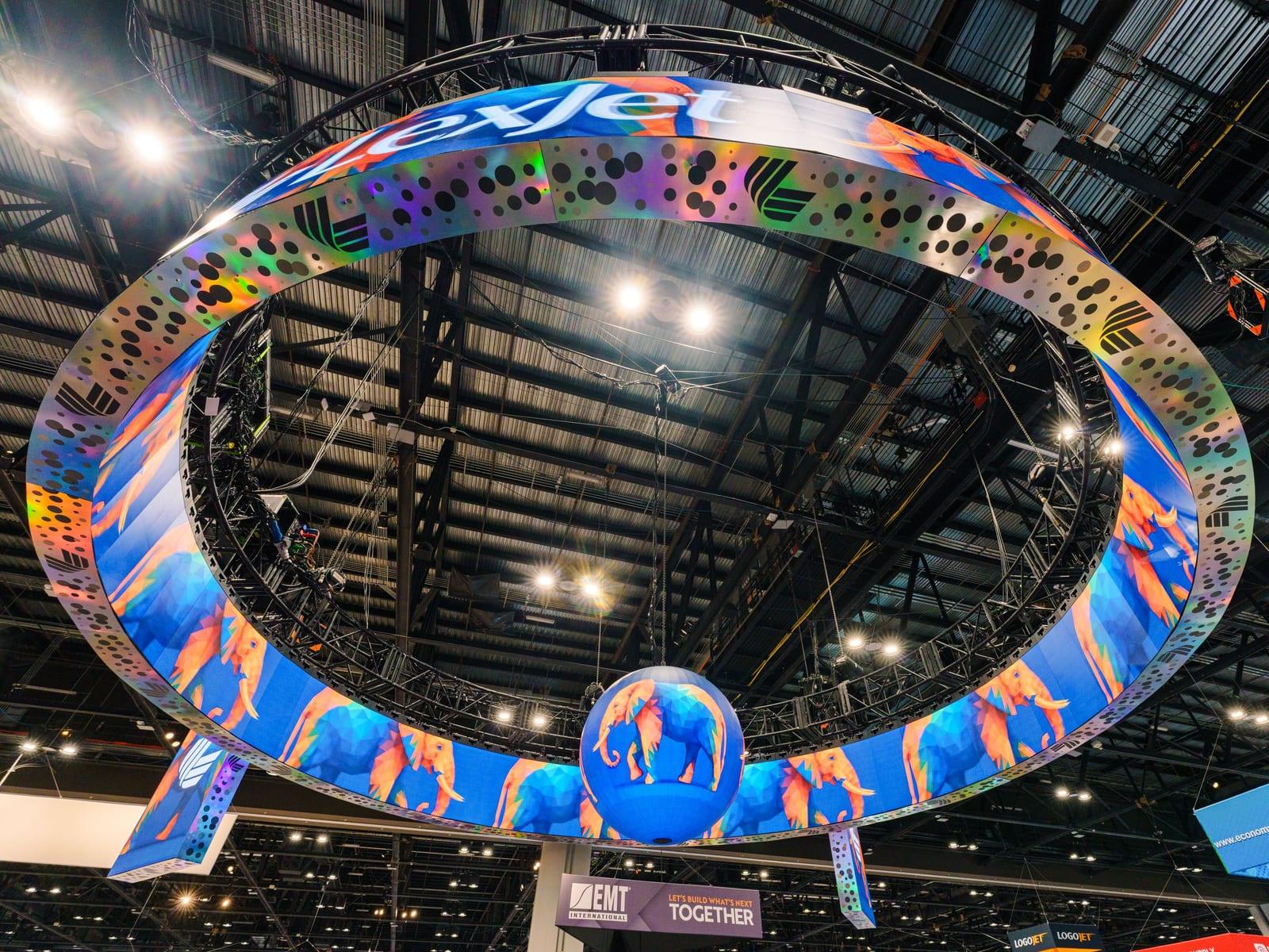 Hanging LED rings and LED sphere in the LexJet booth at PRINTING United Expo 2025, Orange County Convention Center, Orlando